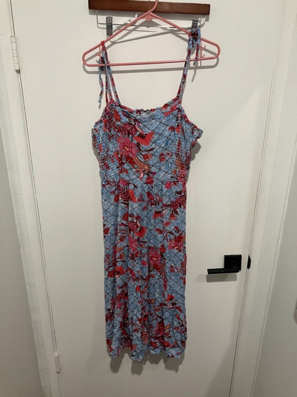 Knox Rose Women's Floral Smocked Bodice Tiered Midi Dress, Blue/Red, Size XXL